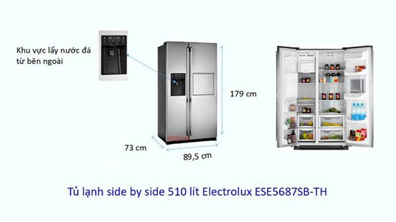 Kích thước tủ lạnh side by side electrolux 510 lít