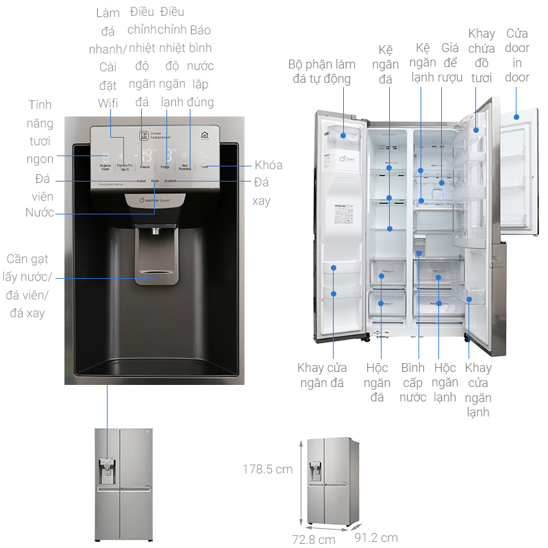 Kích thước tủ lạnh Side by side LG 601 lít