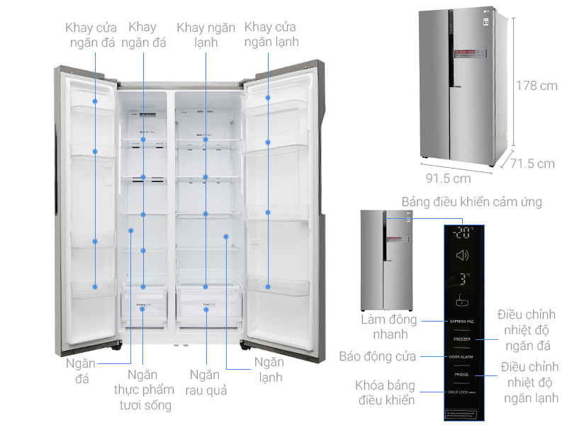 Kích thước tủ lạnh Side by side LG 613 lít