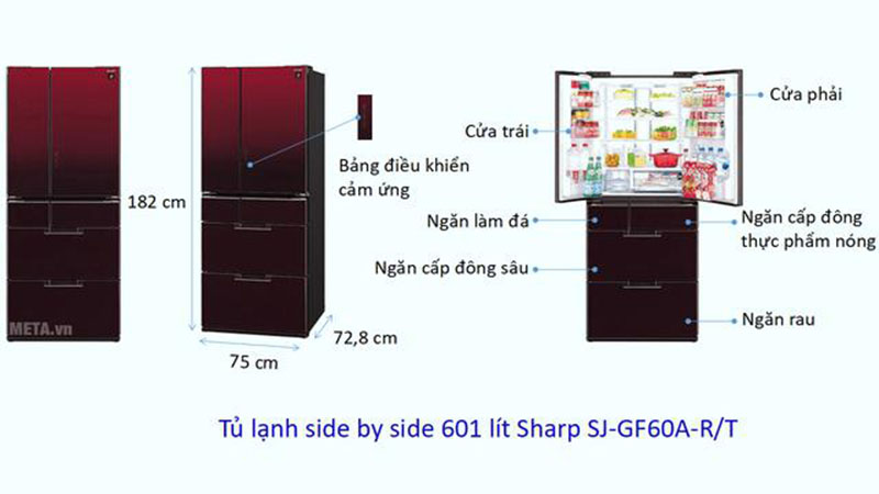 Kích thước tủ lạnh Side by side Sharp 601 lít