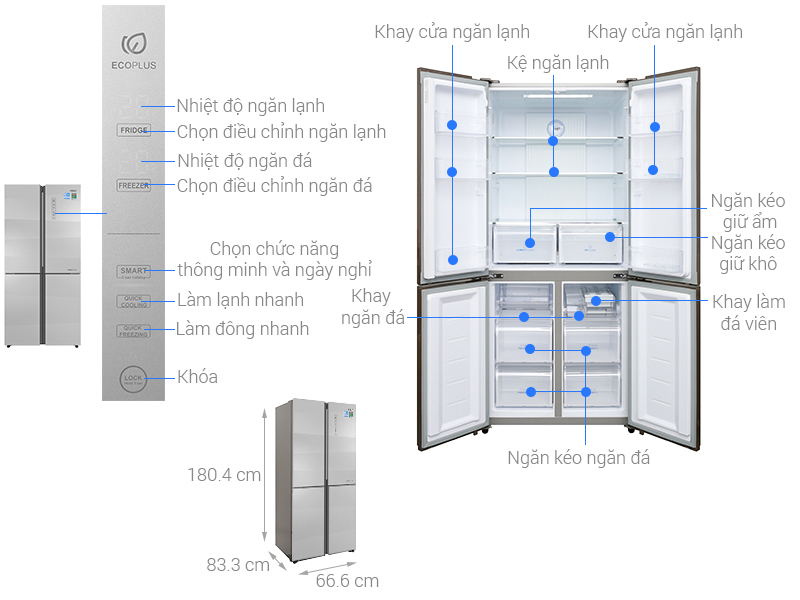 Kích thước tủ lạnh side by side aqua 516 lít