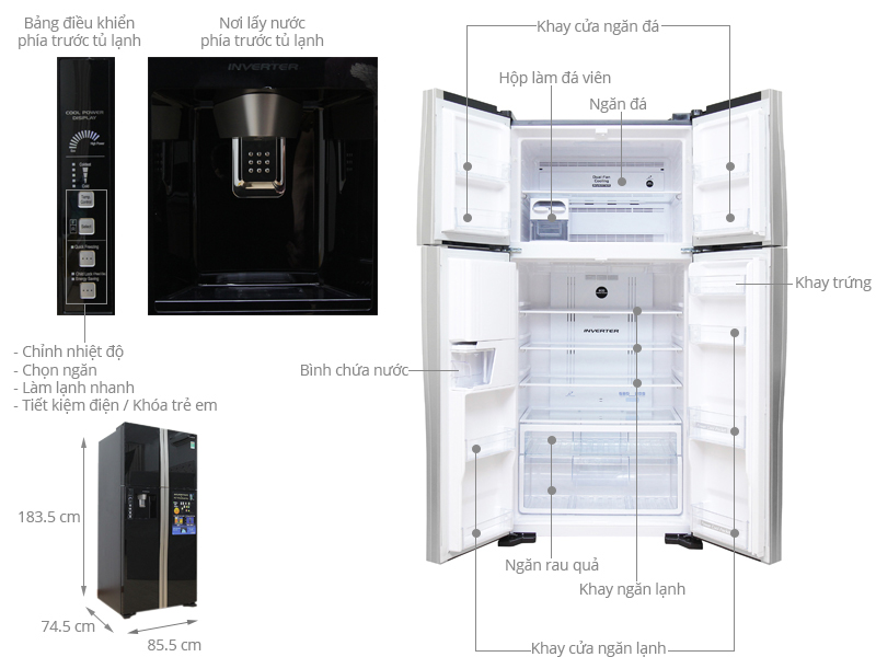 Kích thước tủ lạnh Side by side Hitachi 540 lít