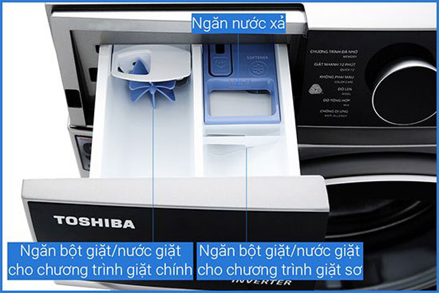 3 ngăn máy giặt trên máy giặt Toshiba cửa ngang
