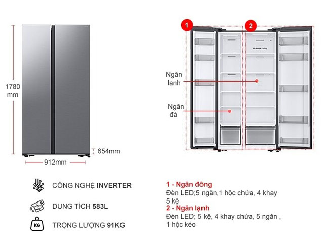 Kích thước và cấu tạo của tủ lạnh Side by Side
